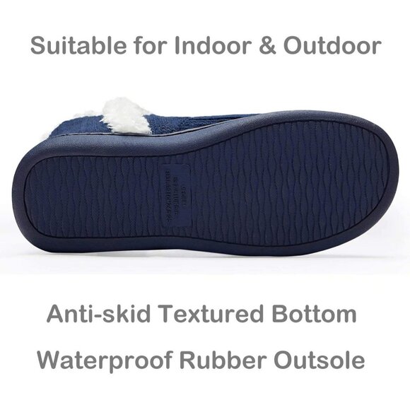 Women's Winter Warm Fluffy Fur Lined Plush Bootie Slippers Dark Blue White Shoes - Picture 5 of 7